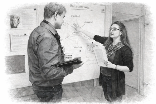 Mitarbeiter bei strategischer Markenplanung mit Whiteboard und Konzeptskizzen